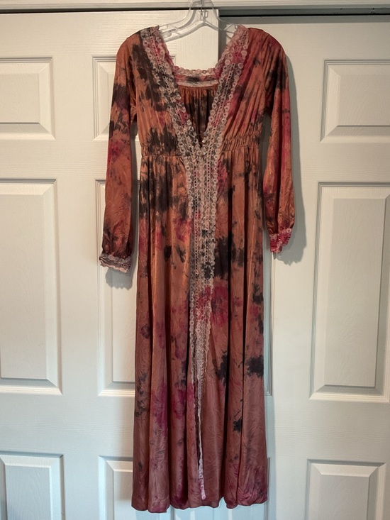 Vintage Other - True Vintage Tie-Dye Pink Brown Long Lace-Trim Satin Dress Chemise Nightgown Y2K
